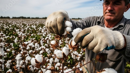 Man harvesting cotton in a field.