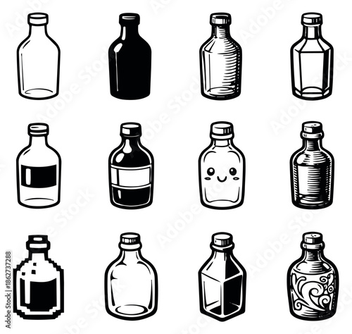 Hand drawn varied style bottle set featuring different shapes, textures, and one with a cute face for product design and beverage concepts