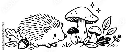 Hand drawn line art illustration of a hedgehog depicting mushrooms and autumn leaves for fall seasonal designs