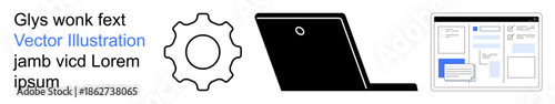 Technology, web design, user interface, digital tools, engineering, innovation. Gear icon, laptop silhouette and UI wireframe mockups in a minimalist style. Technology and web design concepts