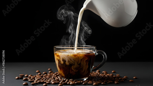 A steaming cup of coffee with milk being poured into it surrounded by coffee beans on a dark background