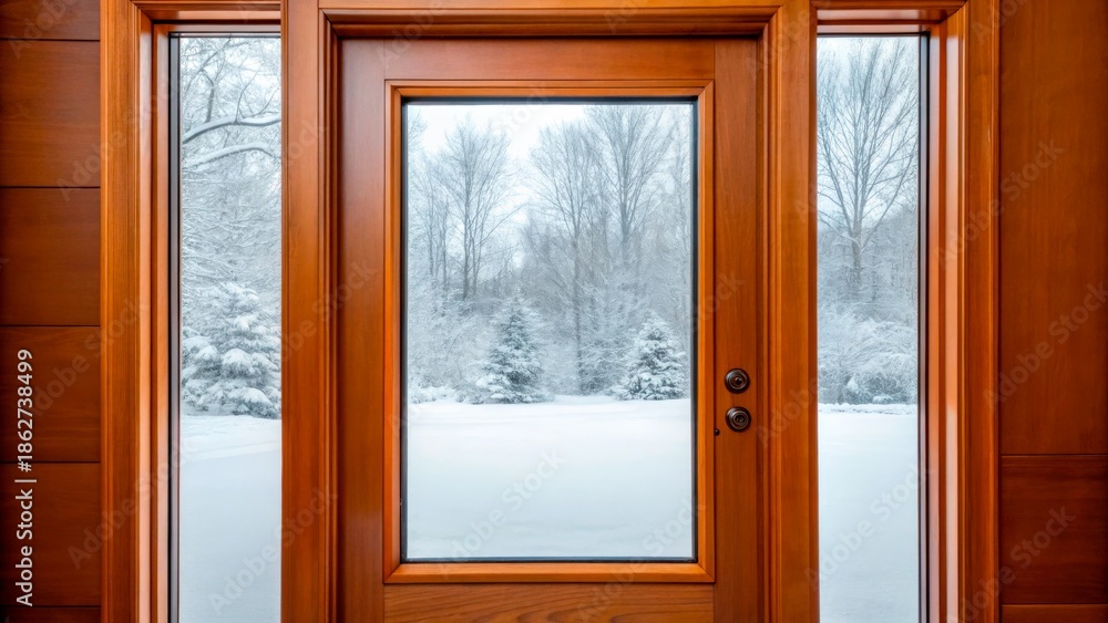 Fototapeta premium Snow covers trees outside a wooden door in winter