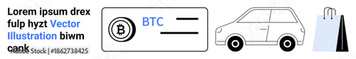 Cryptocurrency, e-commerce, fintech, digital wallet, transportation, shopping. a Bitcoin logo with card, car outline and shopping bags. Cryptocurrency and e-commerce visually