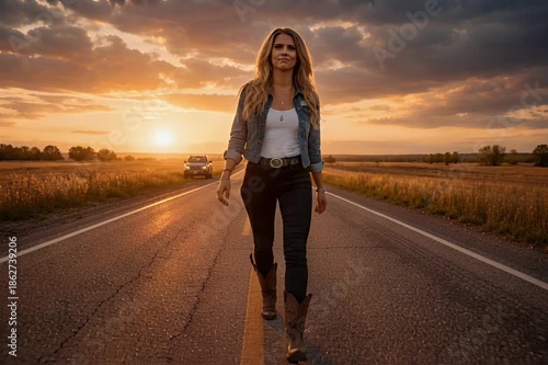 A country singer walks alone down a rural highway at sunset, singing with raw emotion