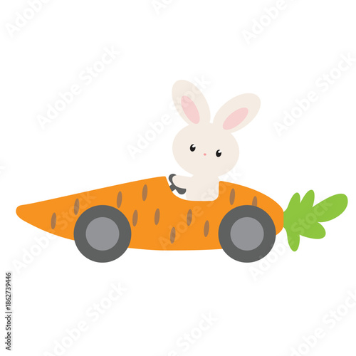 Cute Easter bunny in carrot car vector cartoon illustration