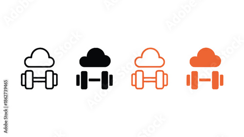 Cloud fitness icon concepts featuring dumbbells and clouds in black and orange