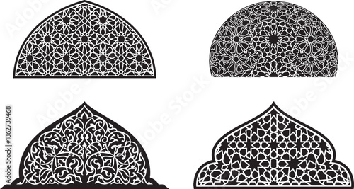 Set of ornate mosque dome silhouettes with intricate Islamic geometric and arabesque patterns isolated on white background.