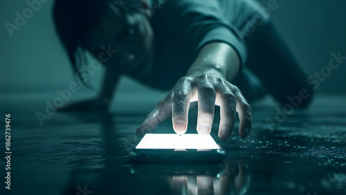 A woman in a dark room is reaching for a glowing smartphone on the floor