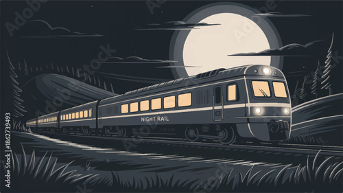 A stylized, flat-design illustration of a passenger train traveling at night under a full moon