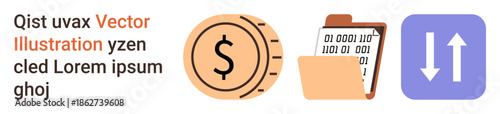 Finance, analytics, data transfer, digital records, transactions, money management. Icon of a dollar coin, folder with binary code and arrows. Finance and analytics concept