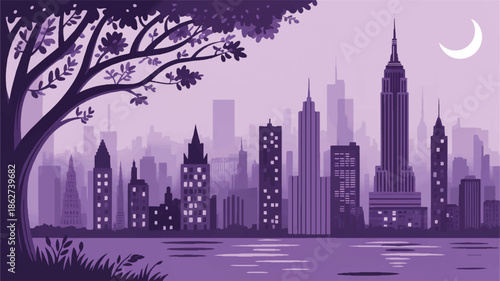 A stunning stylized purple cityscape illustration at night, showcasing a serene urban skyline with towering buildings, a graceful tree, and a tranquil river under a crescent moon