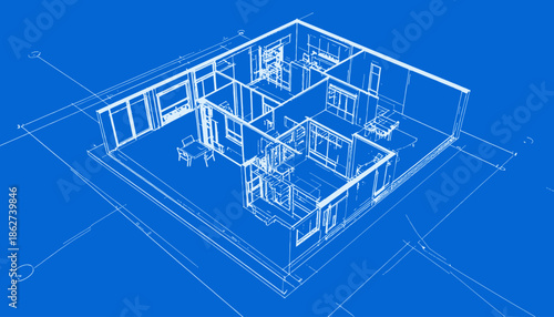 A detailed architectural blueprint with a top-down view of a modern house interior in white lines on blue