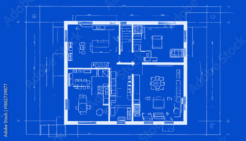 A white-lined schematic floorplan of a building on a blue background, displaying interior details