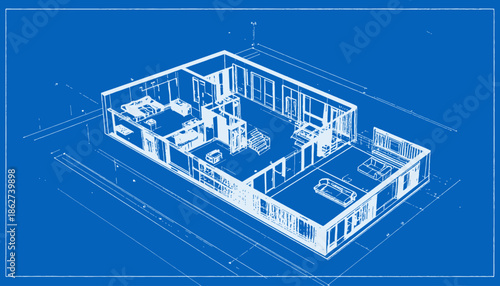 Isometric architectural blueprint in white on blue, depicting a detailed two-story house plan