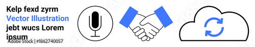 Communication, teamwork, cloud storage, media collaboration, digital networking, technology integration. Microphone, handshake and cloud refresh icons in black and blue. Communication and teamwork
