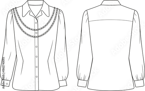 Women blouse technical flat vector illustration, front back view, long sleeve shirt CAD drawing, fashion apparel design, line art template