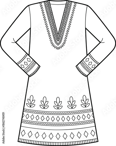 Women embroidered ethnic tunic kurti technical flat vector illustration front view cad drawing apparel design template fashion garment specification