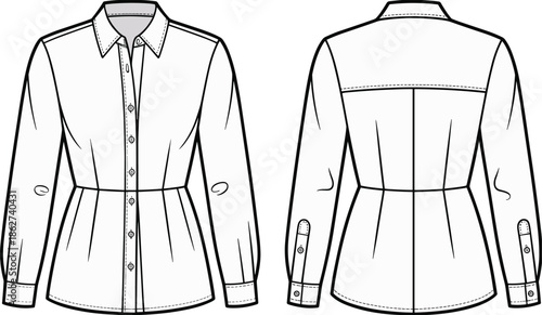Women fitted blouse technical flat vector illustration, front back view long sleeve button shirt CAD fashion drawing line art