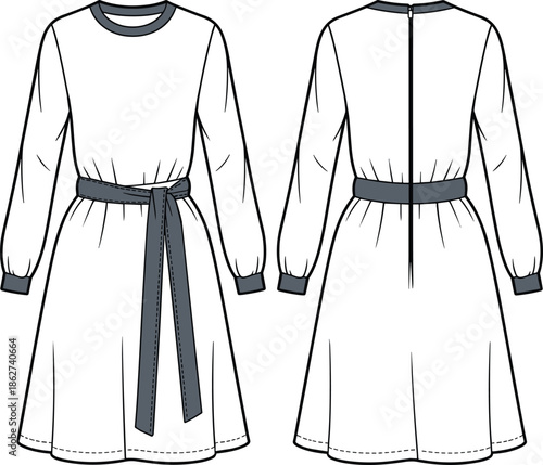 Women long sleeve belted dress technical flat vector illustration front and back view cad drawing apparel design template fashion garment specification