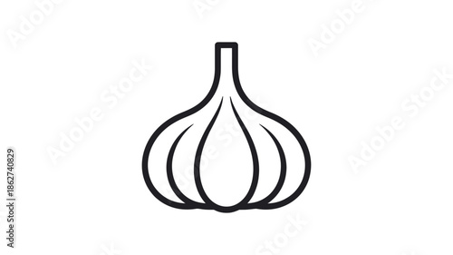 Simple line art illustration of a single garlic bulb with visible cloves