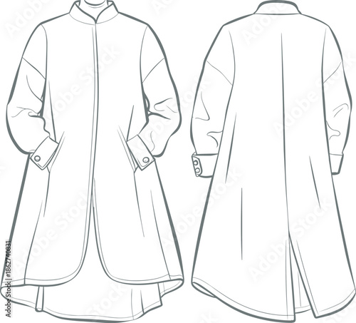 Women long coat technical flat vector illustration front and back view cad drawing apparel design template fashion garment specification