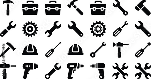 Construction and repair tools icon set featuring hammer wrench drill toolbox gear safety helmet flat black vector illustration