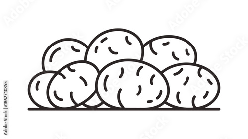 A simple line drawing depicting a pile of round textured objects