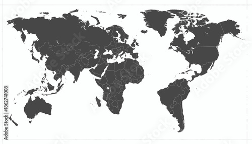 Simplified, dark gray vector map displaying the continents and outlines of countries