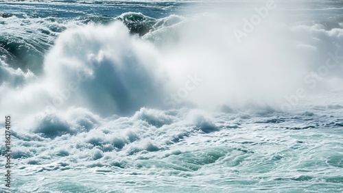 Ocean waves crashing on rocky shoreline.