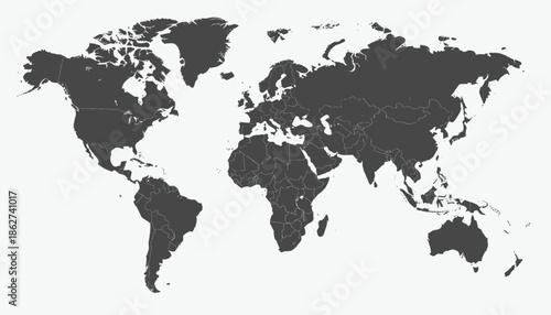 A grayscale depiction of the earth. Outlines mark country borders on a light background