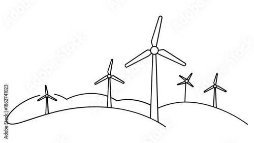 A simple line drawing showcases several wind turbines on rolling hills