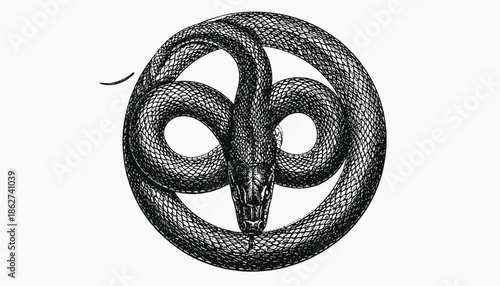A detailed illustration of a serpent in a circle, created in a black and white engraving style