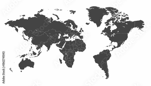 Simplified, dark gray map of the world with defined country borders on a white background