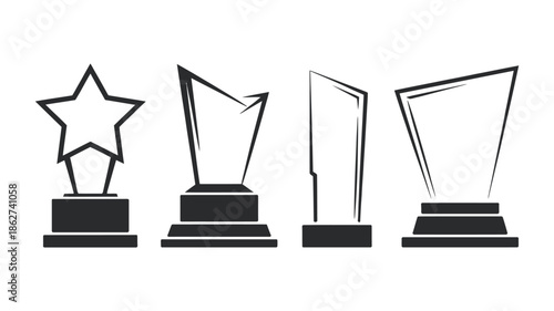 Four black and white award trophies in a simple line art style
