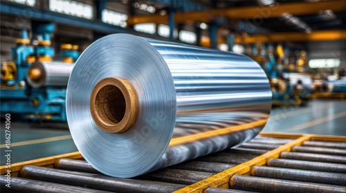 Aluminum foil roll resting on a conveyor in a manufacturing facility during daylight hours