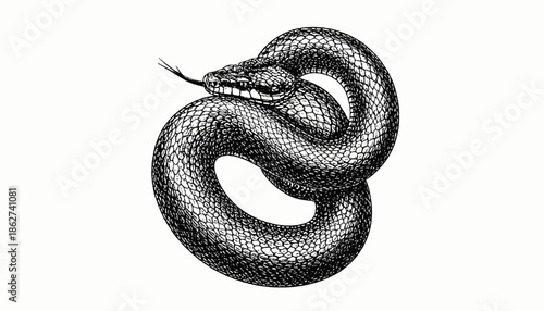 A detailed monochrome drawing of a coiled serpent with its tongue extended