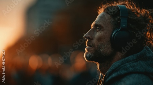 Wallpaper Mural Man listening to music with headphones during sunset in a bustling urban setting Torontodigital.ca