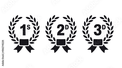 Three laurel wreaths displaying first second and third place ribbons