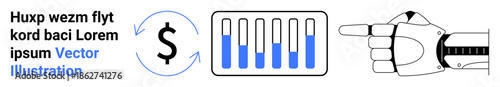 Robotic hand pointing to financial bar chart with progress bars. Circular arrow with dollar sign for economy, innovation, and automation. Ideal for fintech, robotics, AI, technology, business