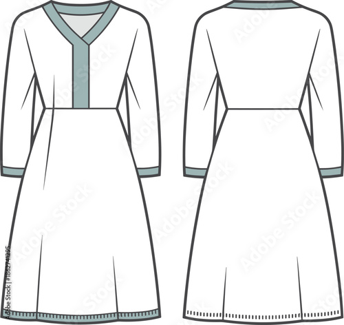 Women modest dress technical flat sketch, front and back view, cad drawing, fashion vector illustration, apparel design template