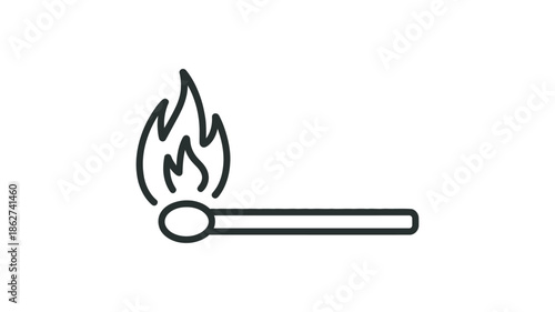 Simple black and white line drawing of a lit match with a flame