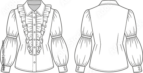 Women ruffle blouse technical flat vector illustration, front and back view long sleeve shirt CAD fashion drawing line art