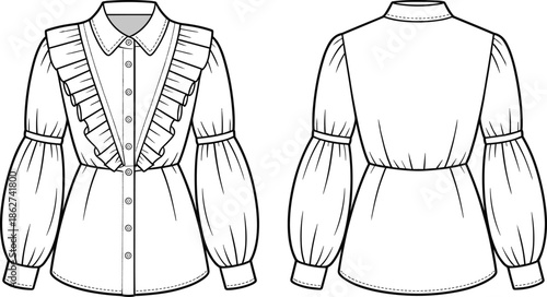 Women ruffle blouse technical flat vector illustration, front back view long sleeve shirt CAD fashion line art design apparel template