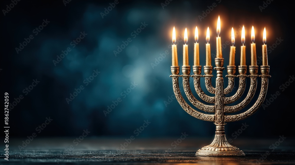 Fototapeta premium Gold menorah with lit candles on white surface against blue background, creating a festive Hanukkah atmosphere