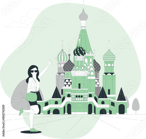 Young tourist woman pointing towards a large castle illustration with multiple towers from a street view