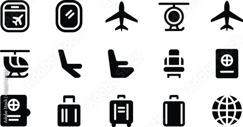 Travel and aviation icon set featuring airplane helicopter passport luggage seat window globe flat black vector illustration collection