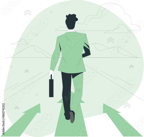 A businesswoman walks forward with a briefcase, symbolizing career progression and decision-making at a crossroads.