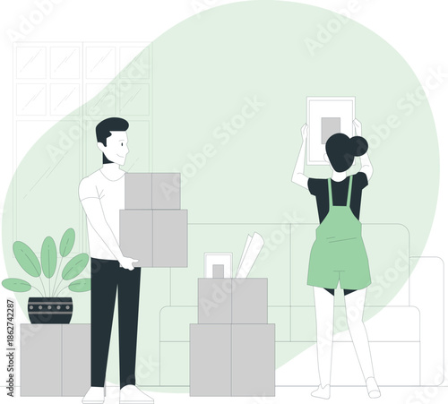 Couple unpacking boxes together in a serene minimalist living space with a plant nearby