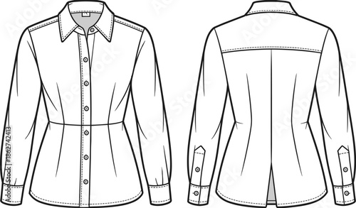 Women tailored blouse technical flat vector illustration, front and back view long sleeve button shirt CAD fashion line art design
