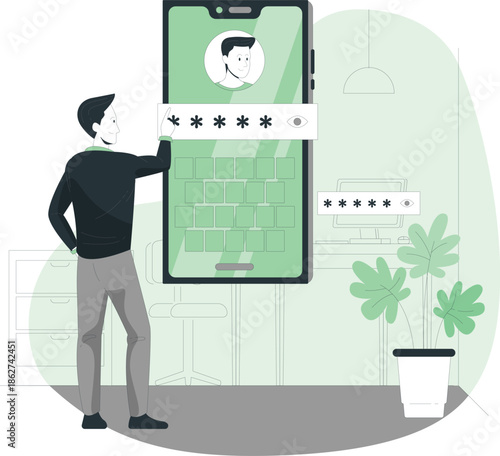 A man enters password on large smartphone screen in a modern home environment